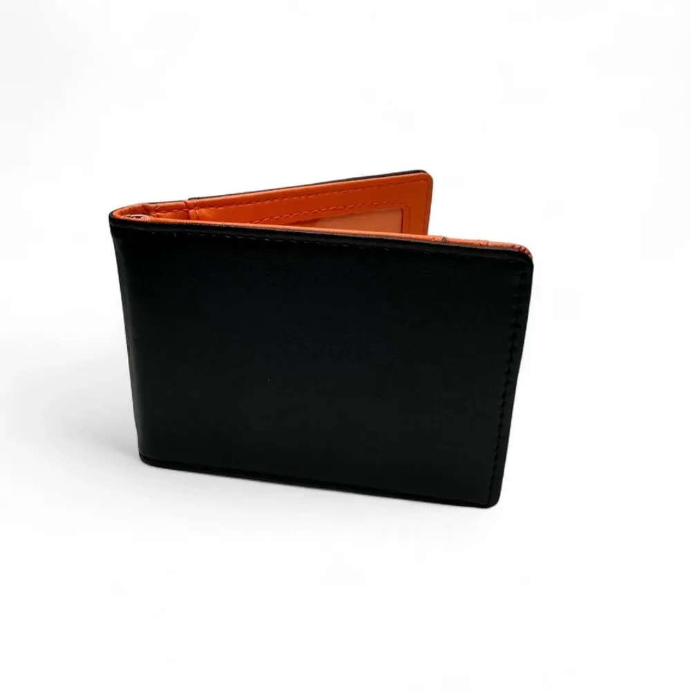 Plain Black And Orange Leather Wallet W/ Built-In Money Clip